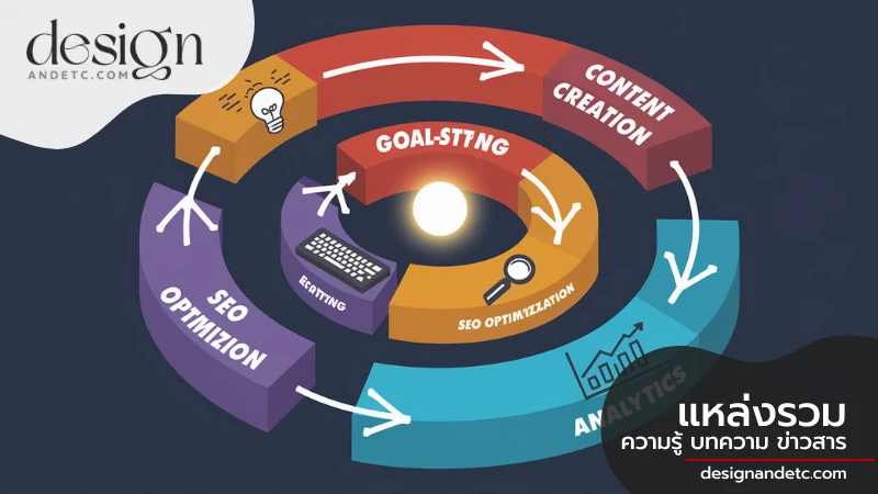การทำ Digital Marketing เป็นวงจร แสดงขั้นตอน Goal Setting, Content Creation, SEO และ Analytics